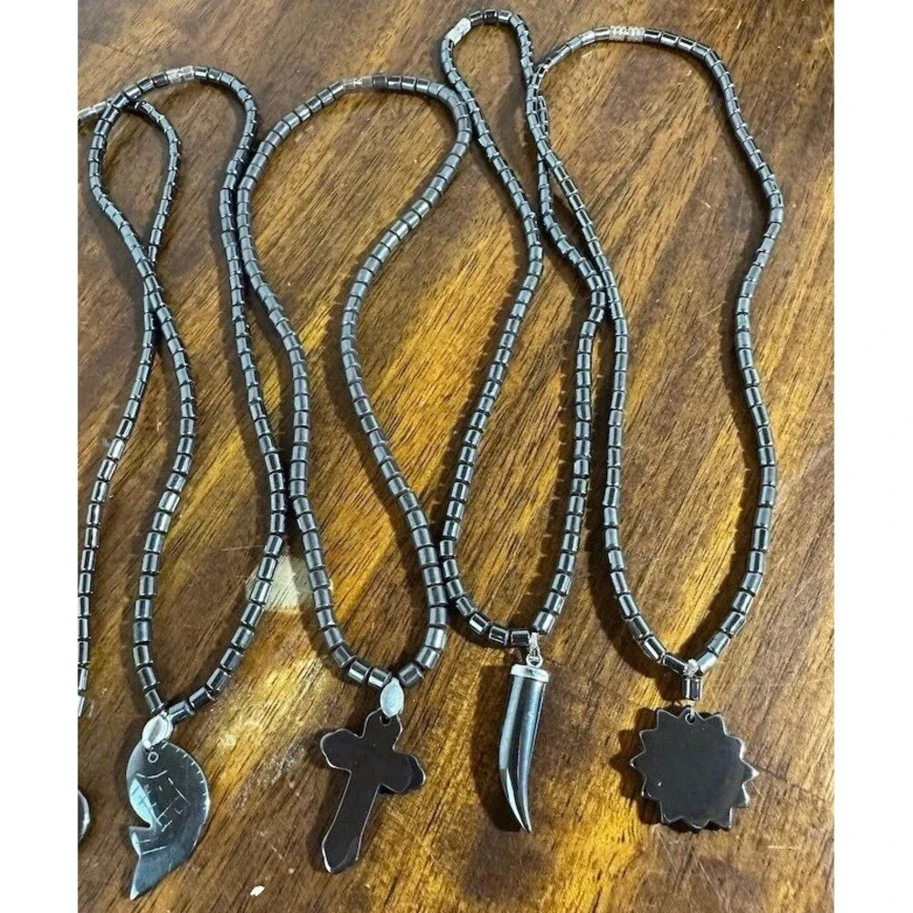 6Pc Hematite Stone Pendant Necklace Lot Fish Cross Anchor Horn Sun Heart
